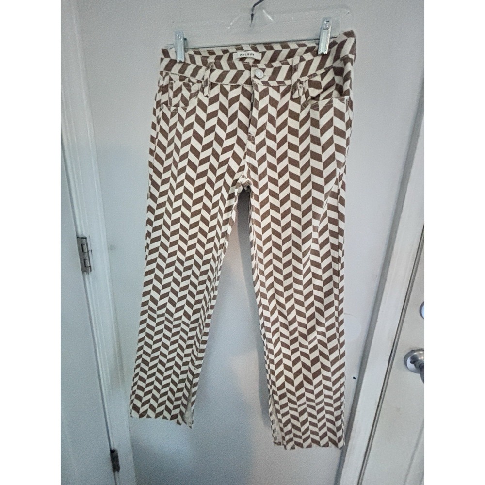 PAC Sun Small Low Rise White Taupe Chevron Jeans 30x29 Split Hem Straight Leg